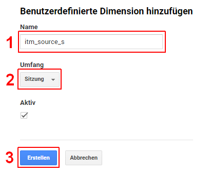 Screenshot von Google Analytics der zeigt wie man benutzerdefinierte Dimensionen anlegt