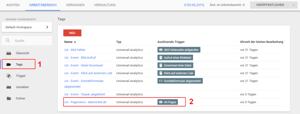 Screenshot vom Google Tag Manager