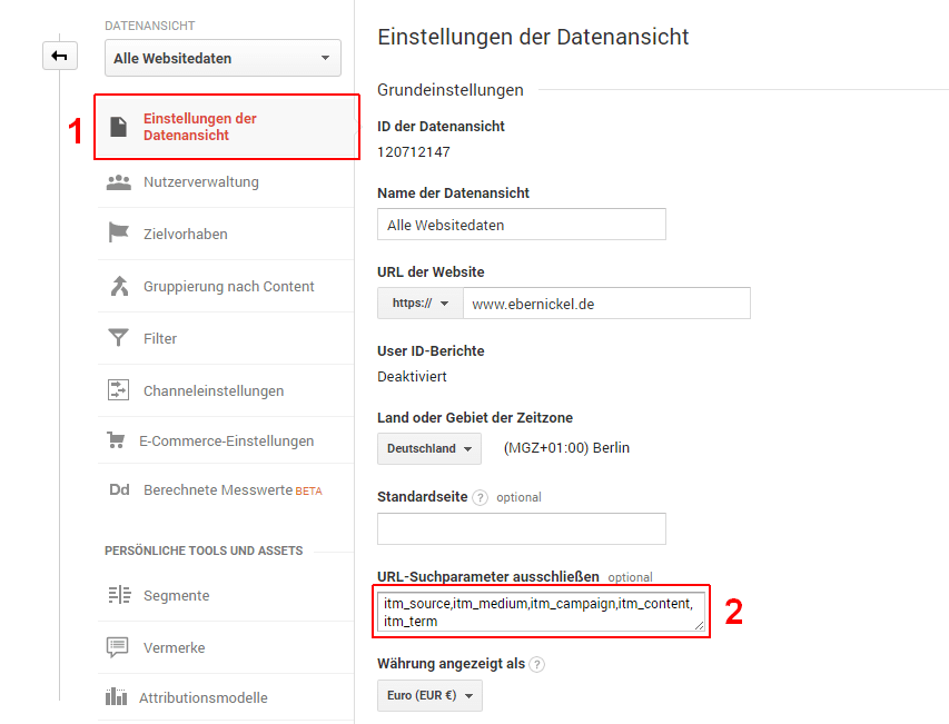 Screenshot wie man URL Suchparameter ausschließt